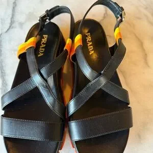 Prada Women Black and Orange Ankle Straps Leather Sandals Prada | Shoes | Prada Sandals Black | Poshmark main image 3